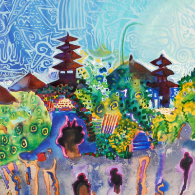 Siebdruck von Sir Michael Adams. Eine Abstrahierte Darstellung einer Tempel und Dschungellandschaft auf Bali. Titel: Bali 1