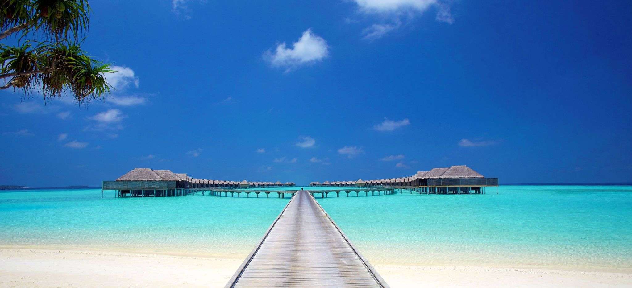 Ein langer Steg vom Strand einer Malediveninsel, mit Wasservillen links und rechts vom Steg