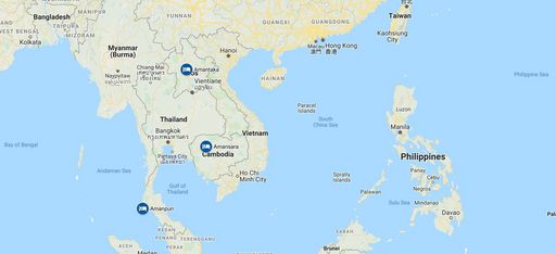 Eine Karte von Südostasien mit den Hotels der Rundreise "Laos-Kambodscha-Thailand Tailor-Made" von Trauminsel Reisen