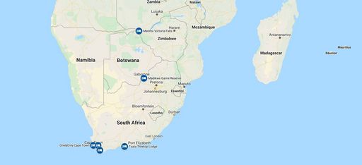 Karte einer Rundreise durch Südafrika und Simbabwe