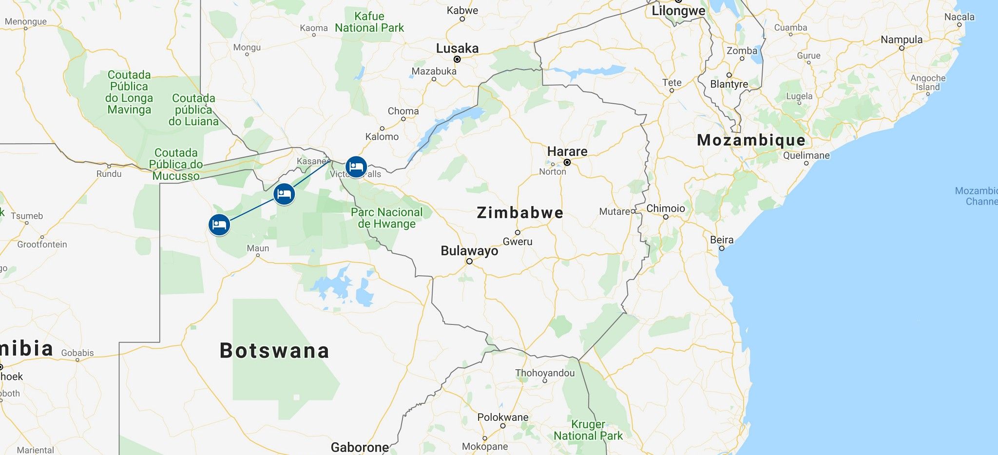 Eine Karte der Beispielrundreise "Botswana Tailor-Made" von Trauminsel Reisen