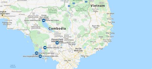 Eine Karte, in der die vorgeschlagenen Hotels einer Rundreise von Trauminsel Reisen durch Kambodscha verzeichnet sind