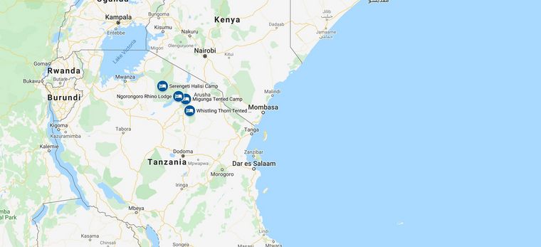 Karte einer Rundreise durch Tansania