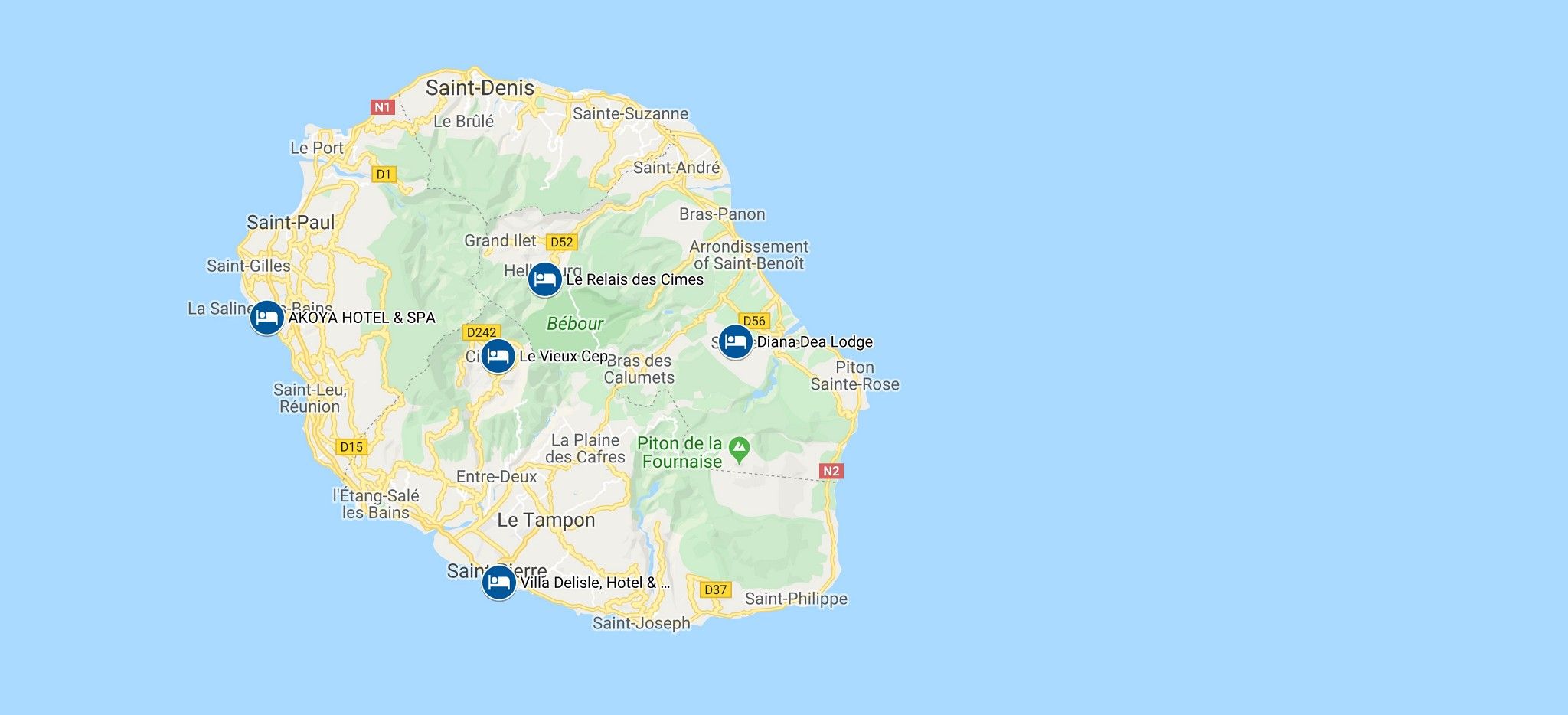 Eine Karte mit Hotels und Autostrecken des Rundreise-Beispiels "La Réunion Taylor-Made" von Trauminselreisen