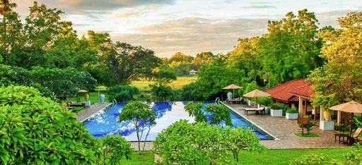 Ein Pool im Grünen, im Hotel "Ulagalla by Uga Escapes"